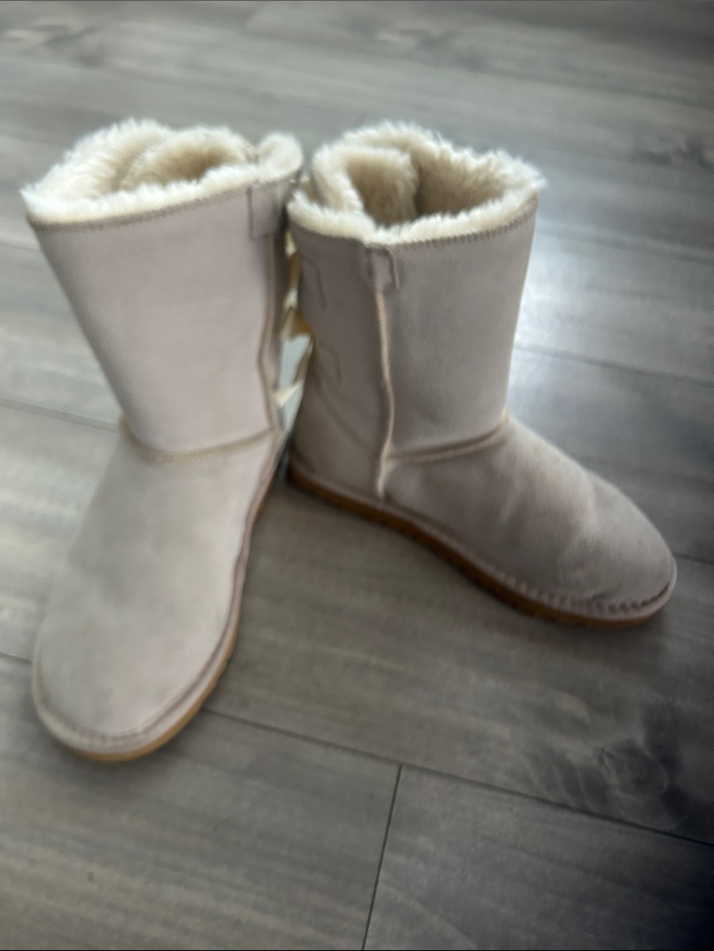 UGG Light Taupe Short Shearling Boots with Satin Bows